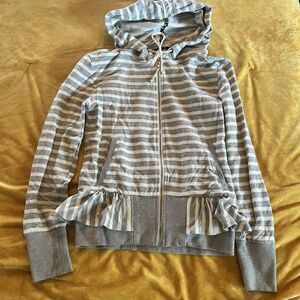 Saturday Sunday Ruffle Striped Full Zip Hoodie Gray Cream Size Small EUC